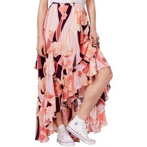 Free People Bring Back The Summer Maxi Skirt Floral Pink Low High Ruffle Size 12